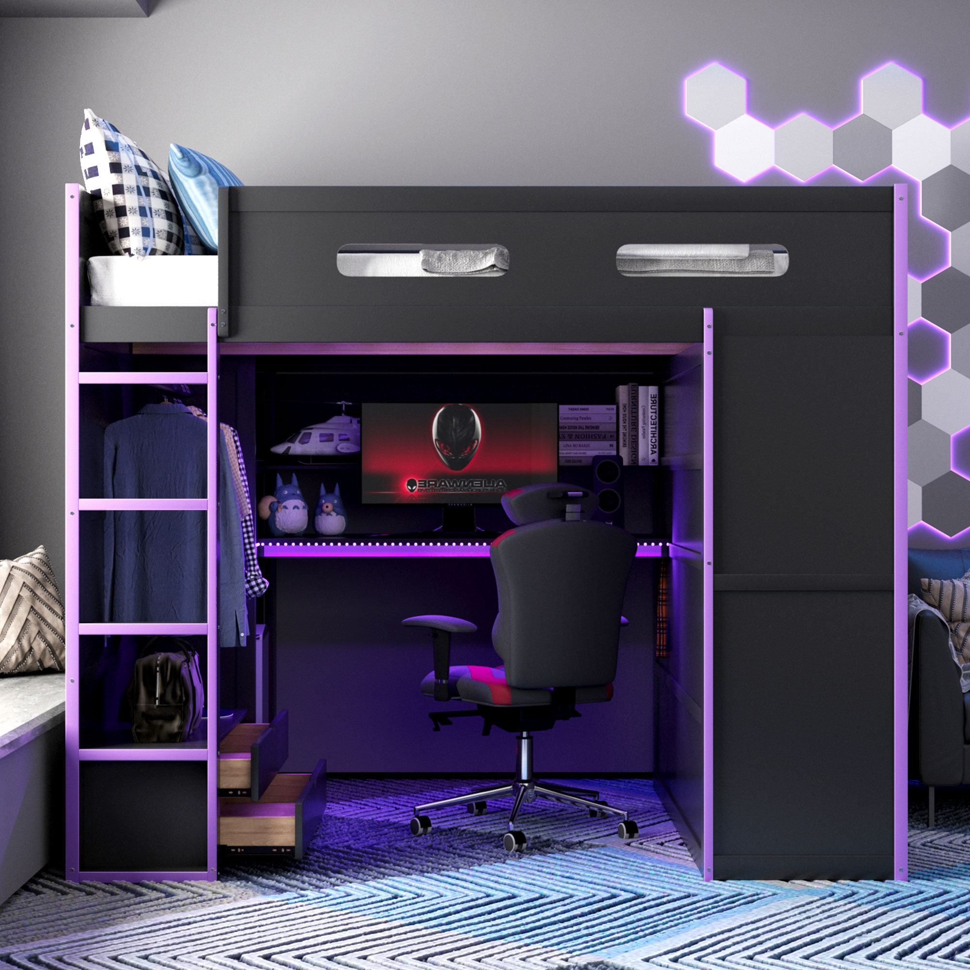 Wood Full Size Loft Bed with Desk, Multi-Storage Shelves and RGB Light