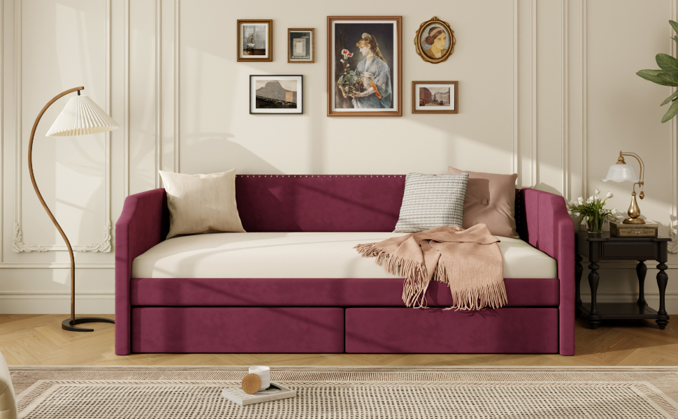 Twin Size Velvet Upholstered Daybed with 2 Drawers