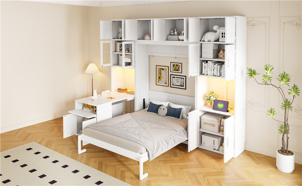 Full Size Murphy Bed With Storage Cabinets, Desk And Glass-door Hutch, USB & Power Outlet, LED Lighted Shelves