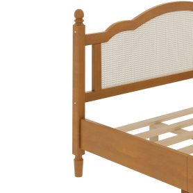 King Size Wooden Platform Bed with Natural Rattan Headboard