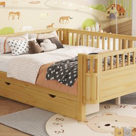 Wood Low Profile Full Bed with Rails and Drawers