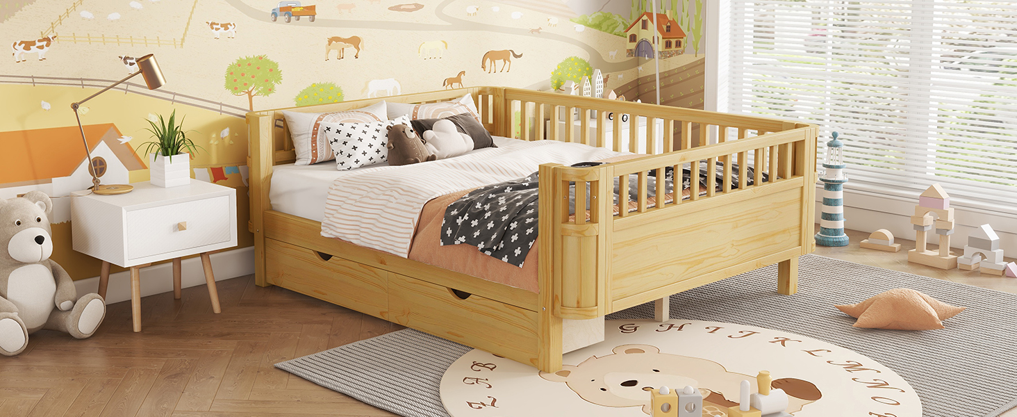 Wood Low Profile Full Bed with Rails and Drawers