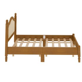 King Size Wooden Platform Bed with Natural Rattan Headboard