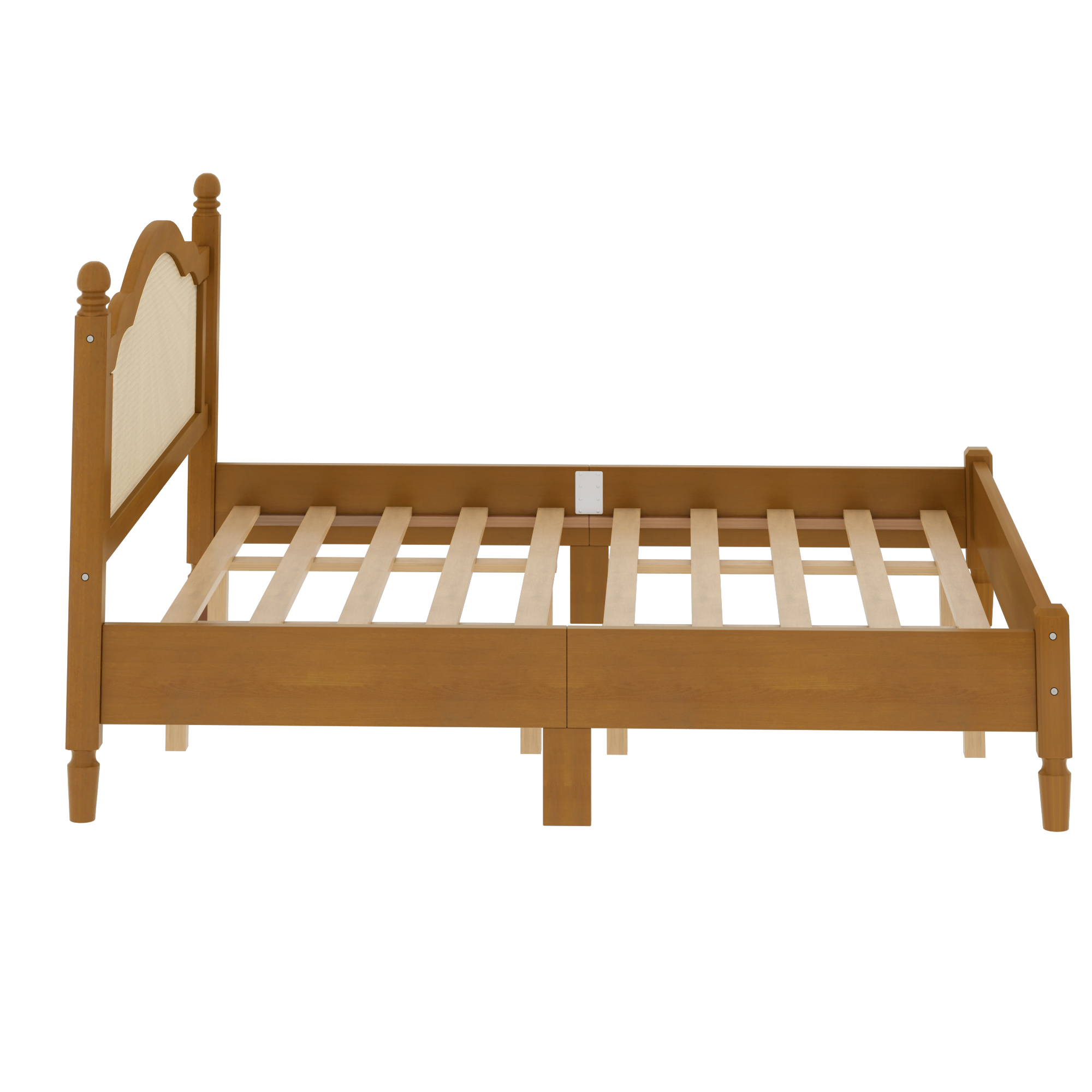 King Size Wooden Platform Bed with Natural Rattan Headboard