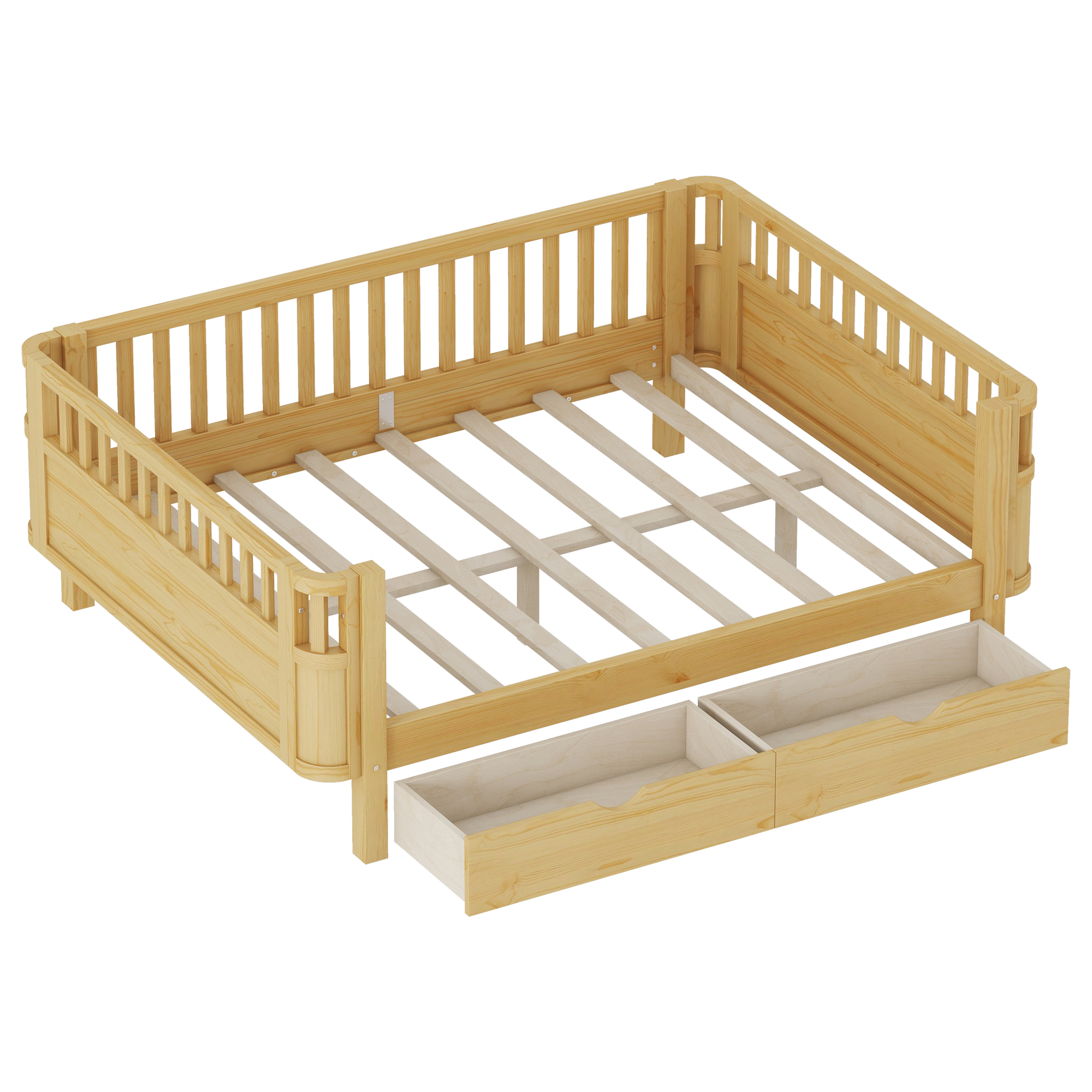 Wood Low Profile Full Bed with Rails and Drawers