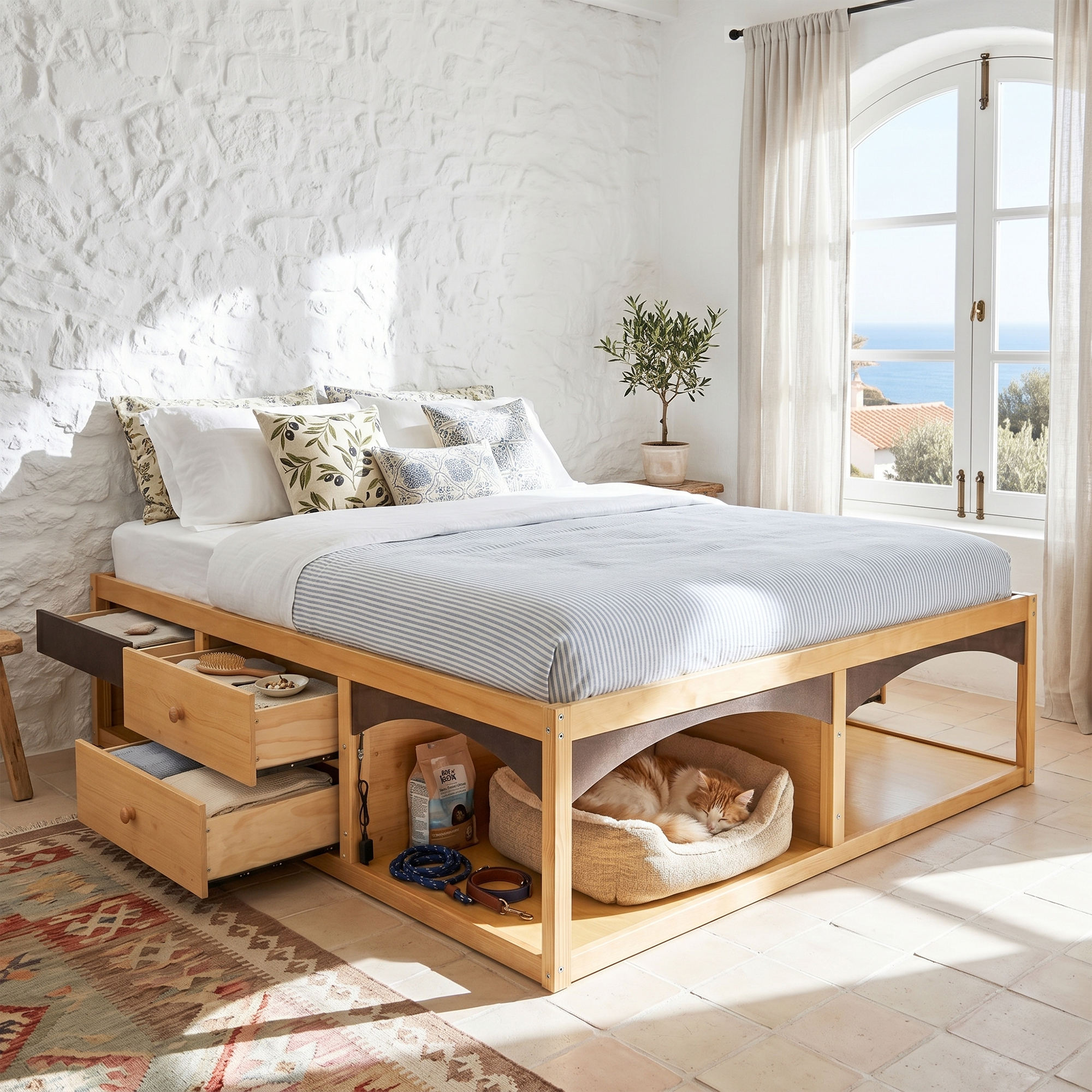 King Bed Frame With Storage Drawers, No Headboard Platform Bed