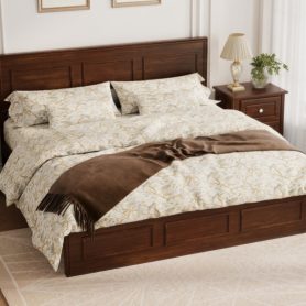 Pine Wood Queen Size Bed with Adjustable Height Headboard