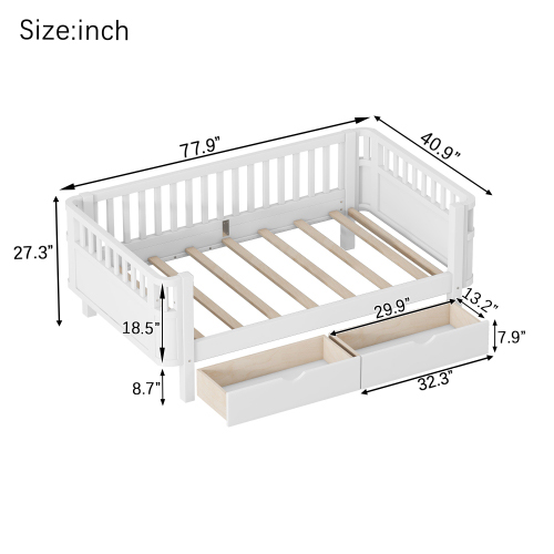 Wood Low Profile Twin Bed with Rails and Drawers