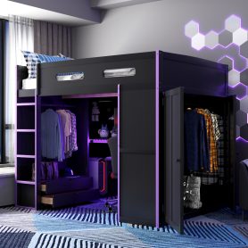 Wood Full Size Loft Bed with Desk, Multi-Storage Shelves and RGB Light