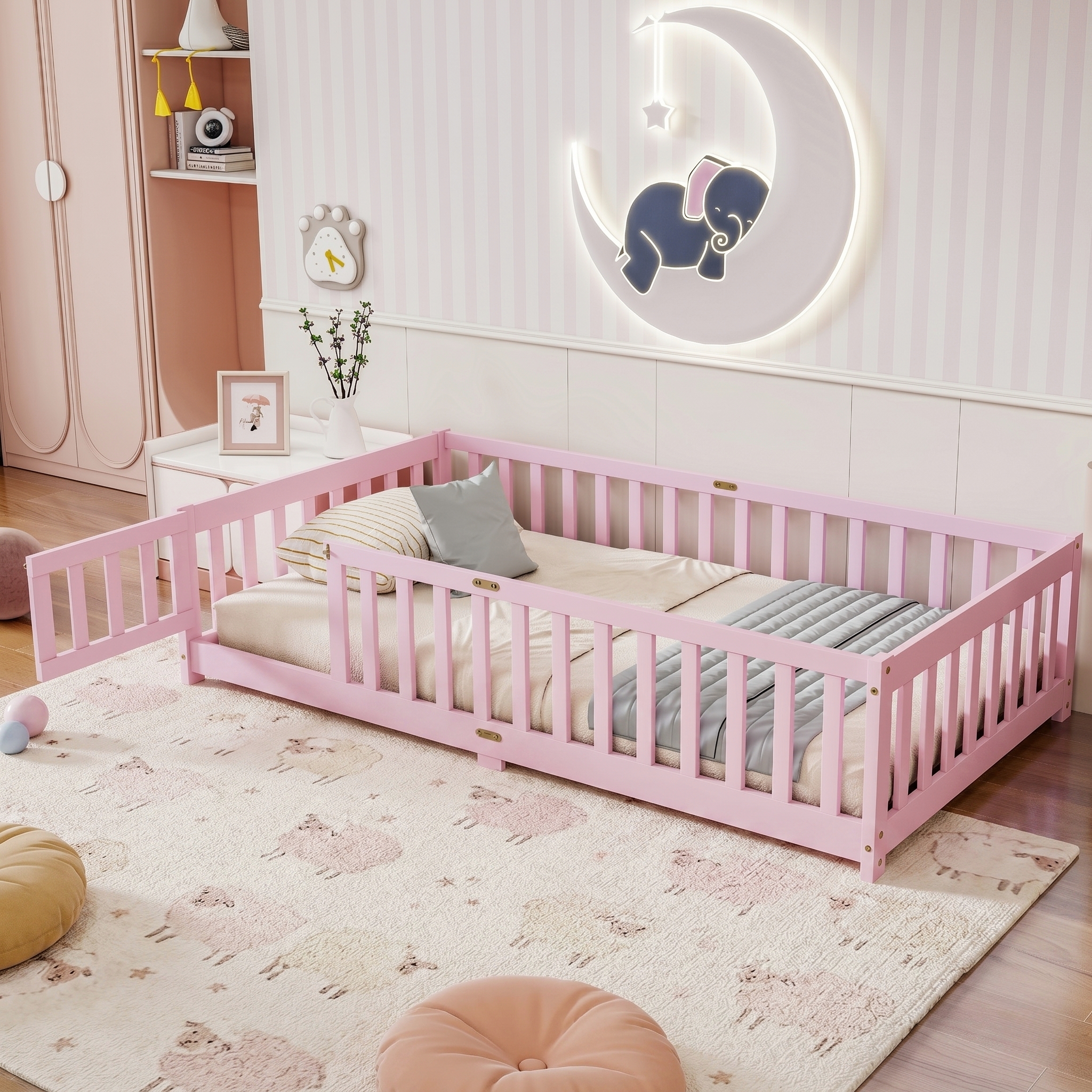 Twin Size Floor Bed with Fence with Door