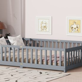 Rubber Wood Queen Size Floor Bed with Fence without Door