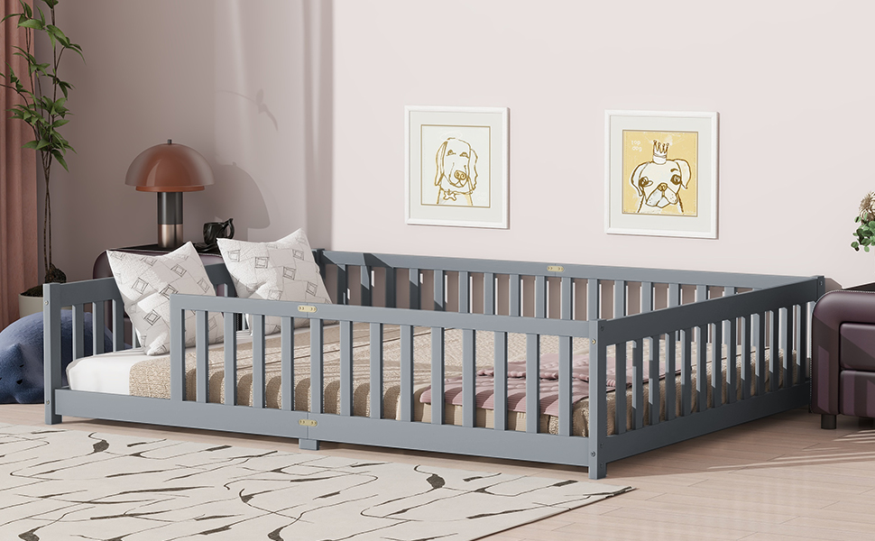 Rubber Wood Queen Size Floor Bed with Fence without Door