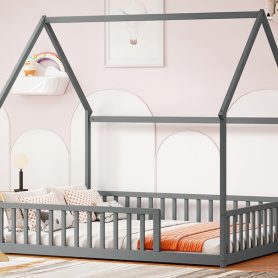 Full Size House Floor Bed With Roof Frame and Safety Guardrails