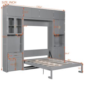 Full Size Murphy Bed With Storage Cabinets, Desk And Glass-door Hutch, USB & Power Outlet, LED Lighted Shelves