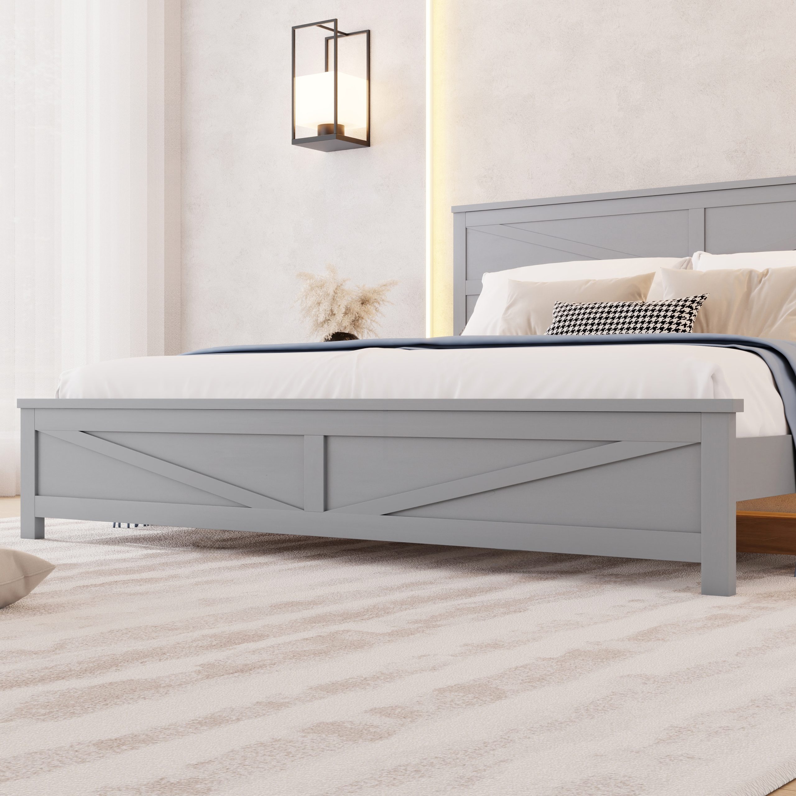 Farmhouse Style King Size Bed with Barn Door Designed Headboard and Footboard