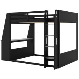Full Size Wooden Gaming Bunk Bed with Desk,Two Storage Shelves,USB and LED Light