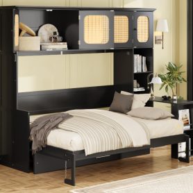 Full Murphy Bed With Desk And Rattan Cabinets