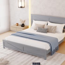 Farmhouse Style King Size Bed with Barn Door Designed Headboard and Footboard