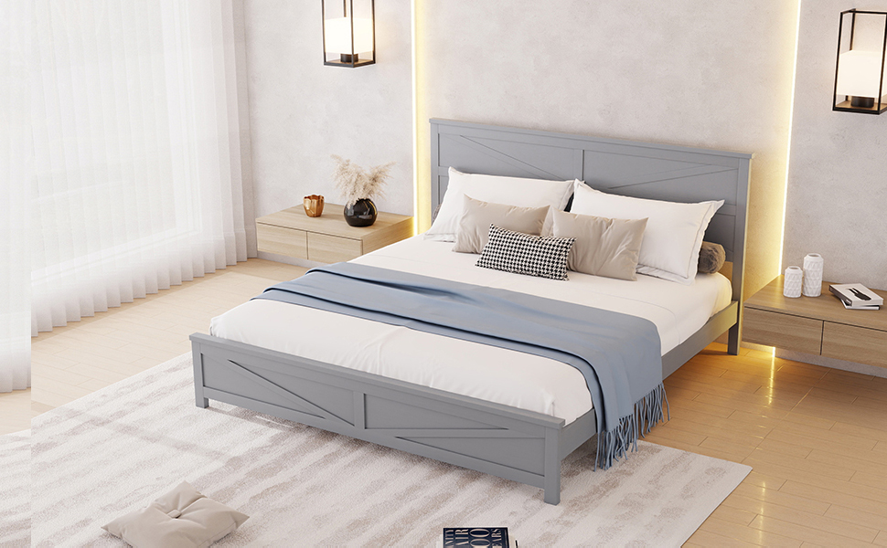 Farmhouse Style King Size Bed with Barn Door Designed Headboard and Footboard