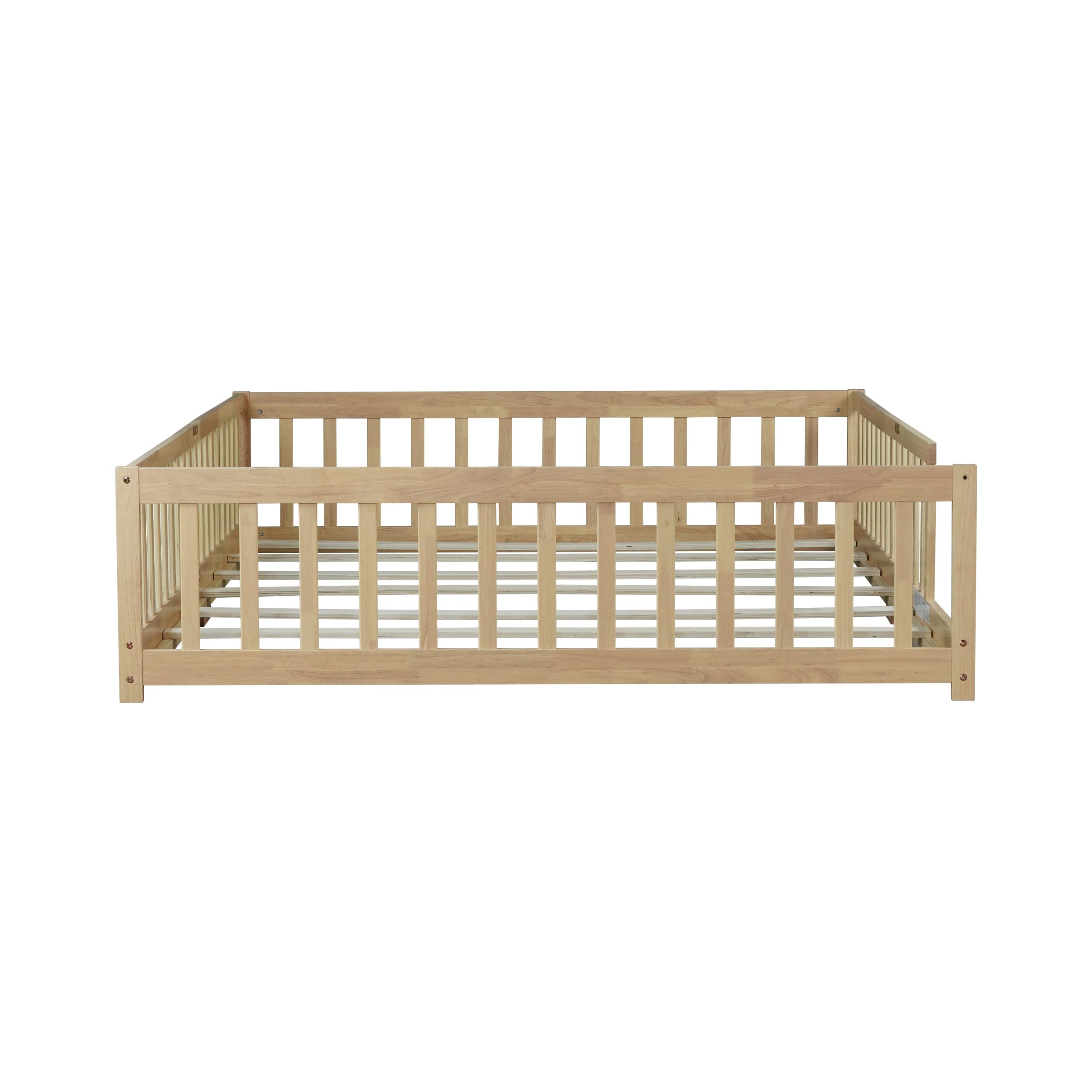 Rubber Wood Queen Size Floor Bed with Fence without Door