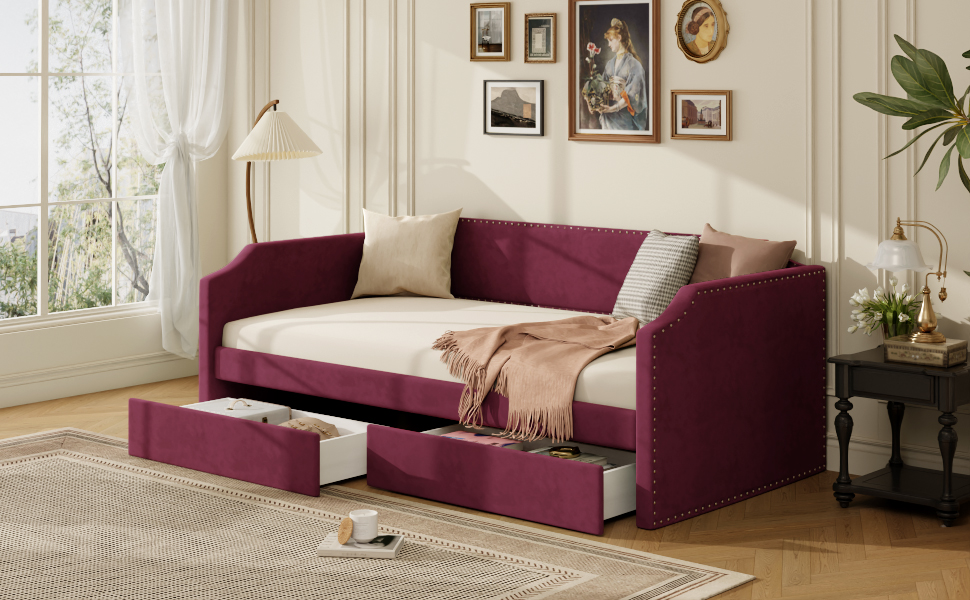 Twin Size Velvet Upholstered Daybed with 2 Drawers