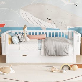 Wood Low Profile Twin Bed with Rails and Drawers