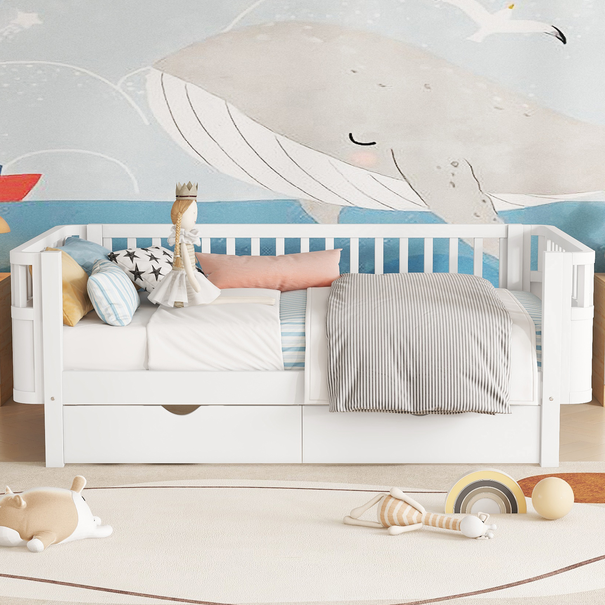 Wood Low Profile Twin Bed with Rails and Drawers