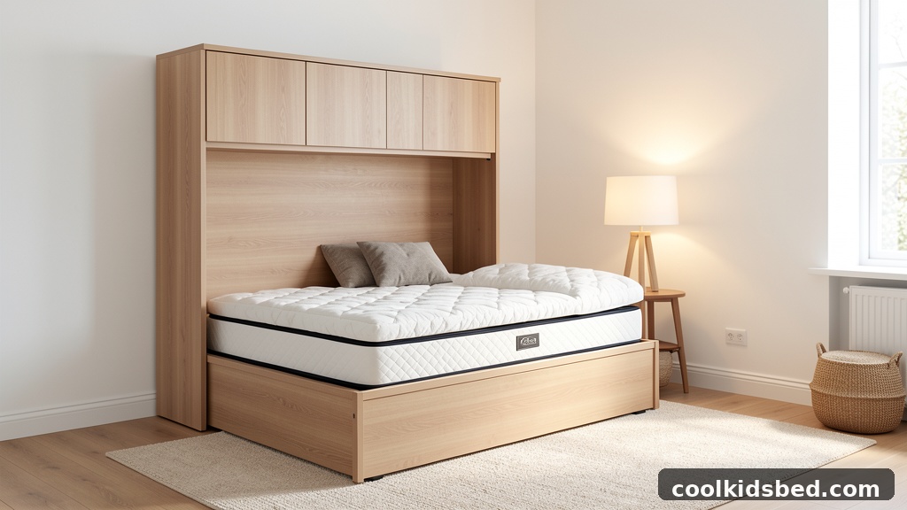Full size murphy bed with cushion in a modern guest room