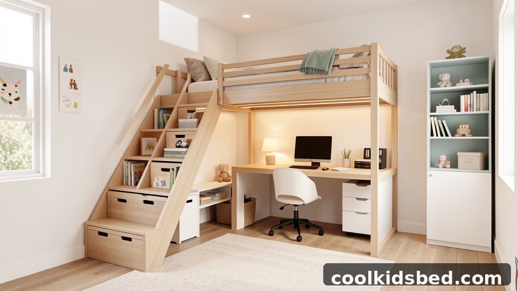 Full XL size loft bed with staircase for kids and teens bedroom