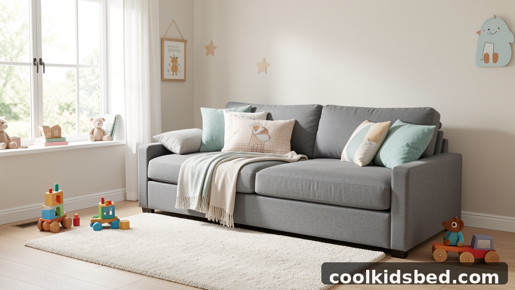 Twin size sofa bed in a cozy kids bedroom