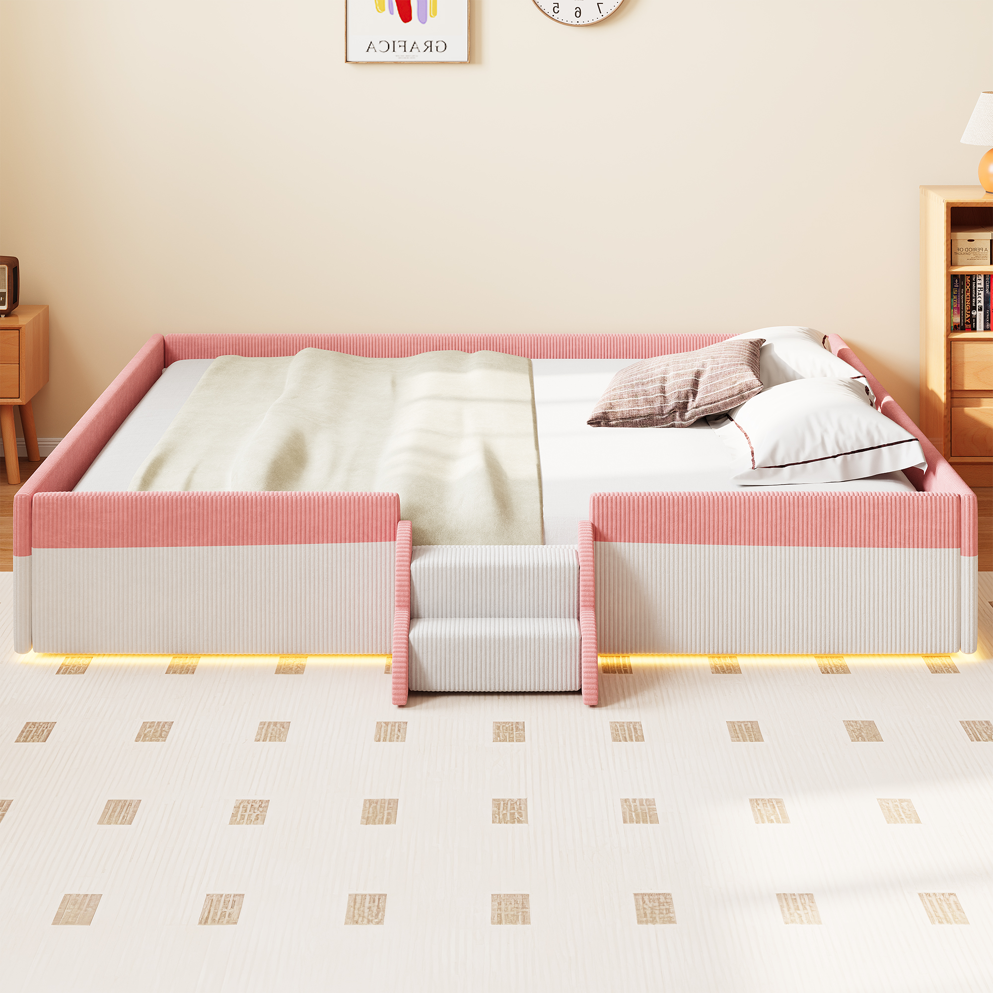 King Size Upholstered Floor Bed with Fence, 2-Tier Steps and Smart LED Lights