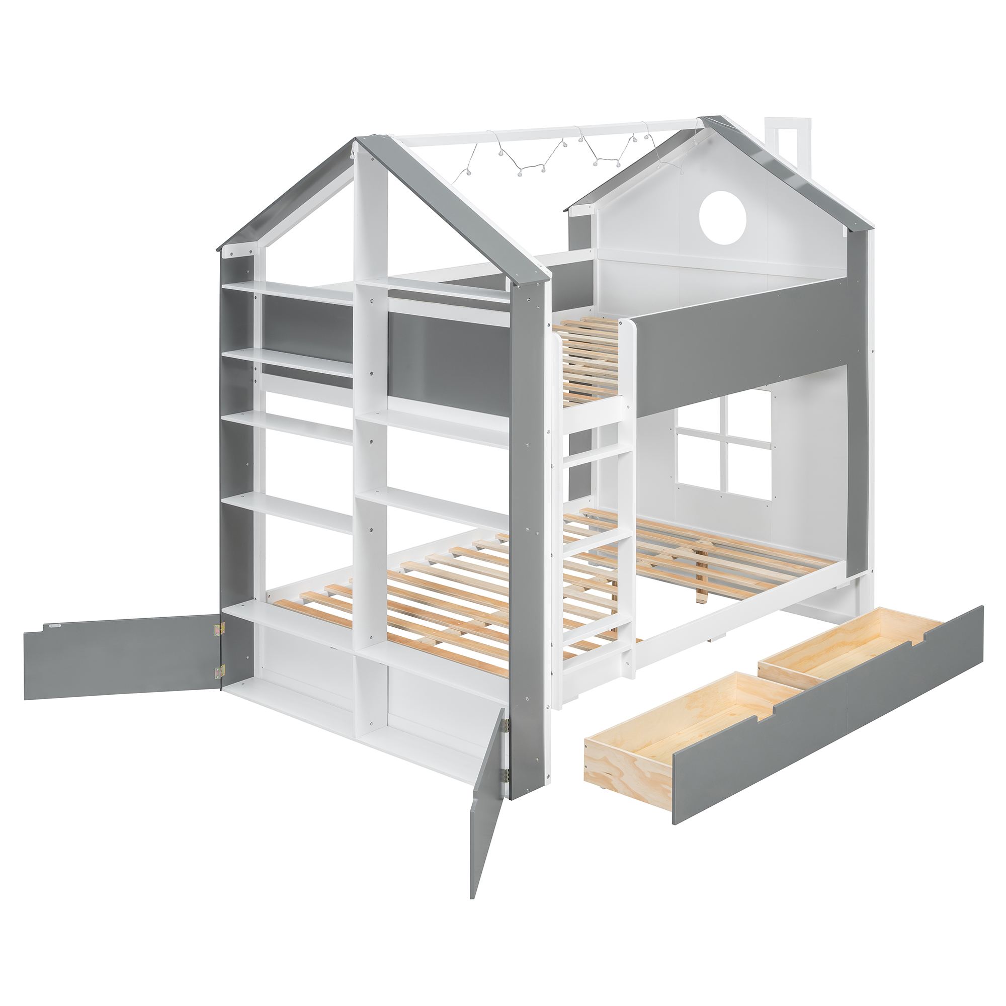 Full Size Bunk Bed with Storage Drawers, Shelves and Light Strip