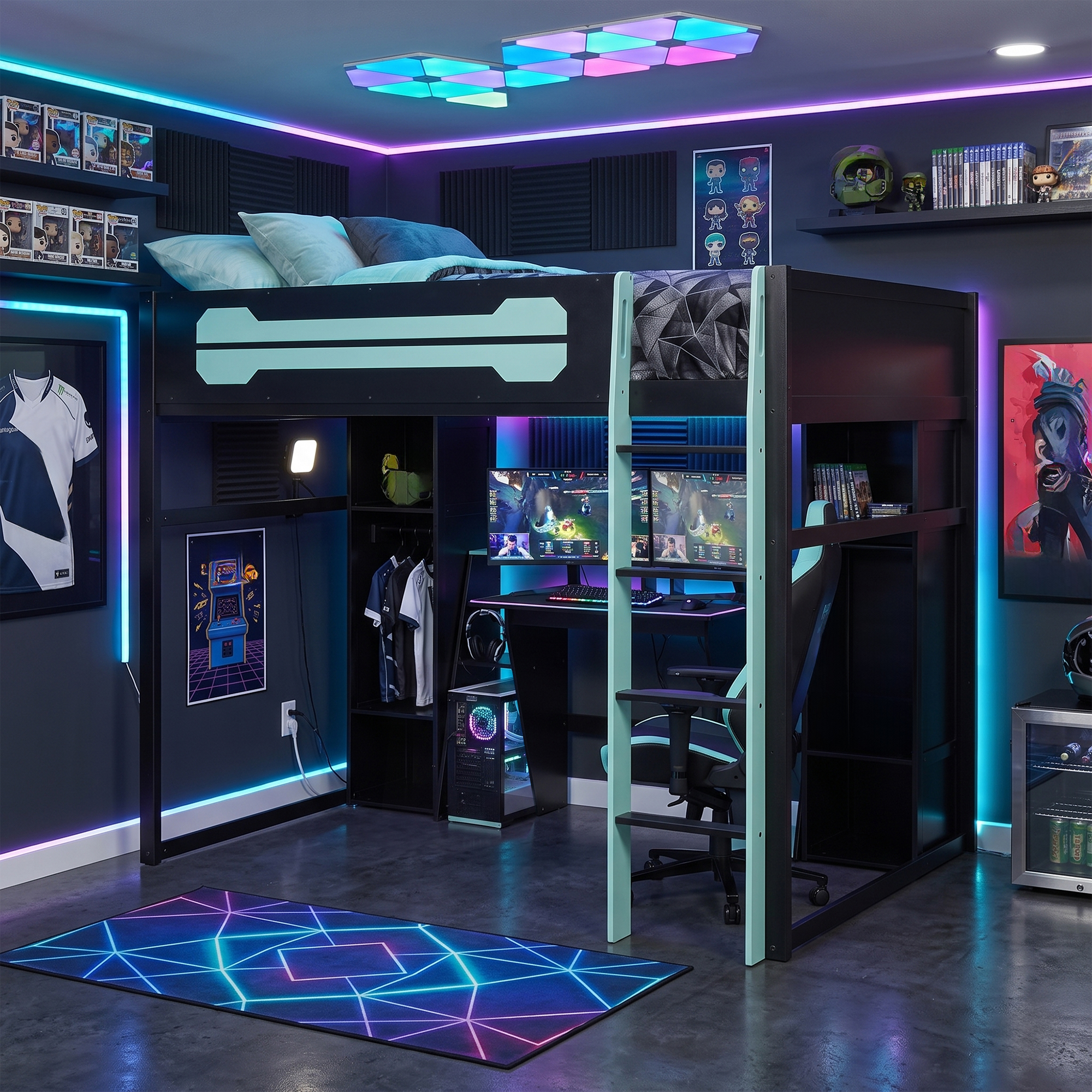 Full-Size Wooden Gaming Loft Bed with Desk and Storage, RGB LED Light, USB Charging Station