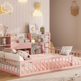 Full Size Floor Fence Bed Frame with Bookcase and 3-Tier Storage Shelves