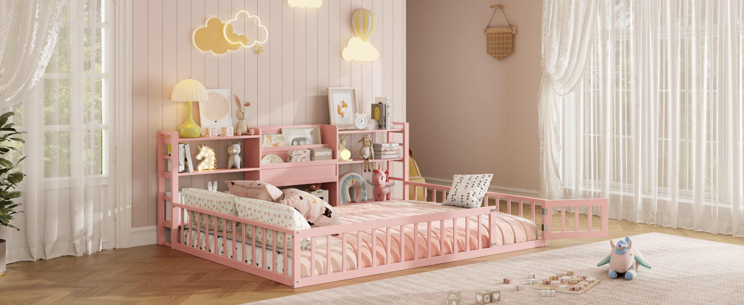 Full Size Floor Fence Bed Frame with Bookcase and 3-Tier Storage Shelves
