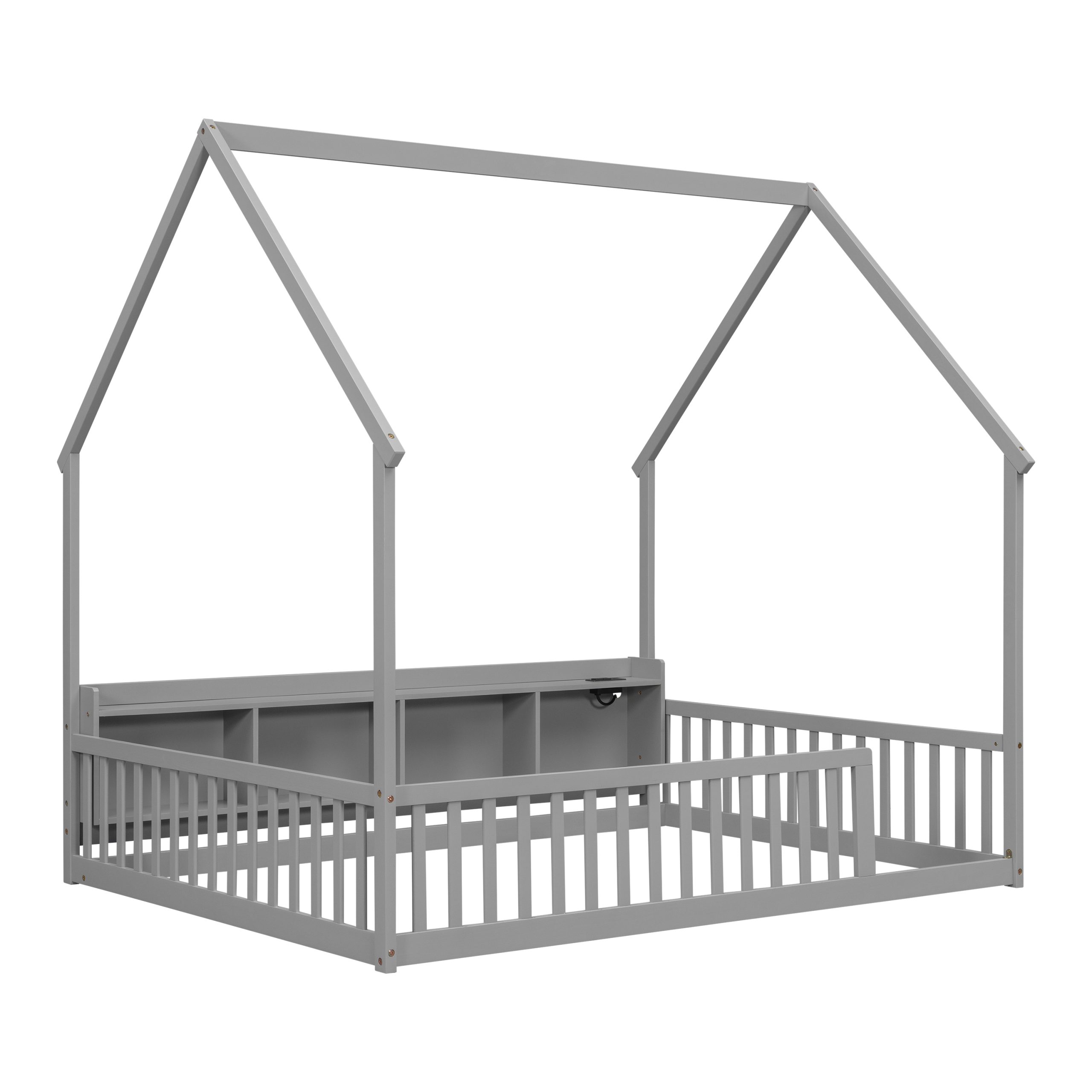 Full House Floor Bed with Storage Shelves, Built-in LED Lights & Charging Station
