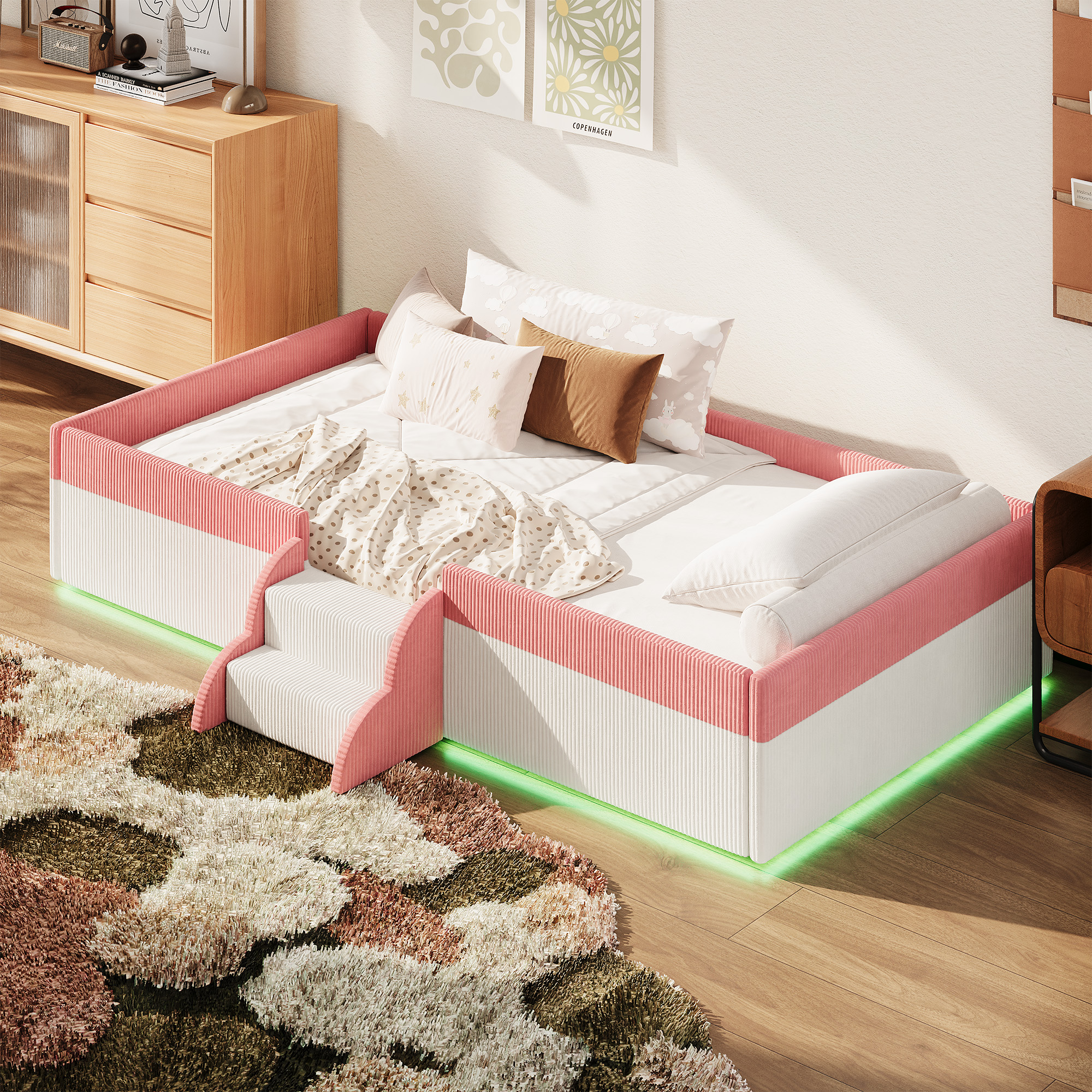 Twin Size Upholstered Floor Bed with Fence, 2-Tier Steps and Smart LED Lights