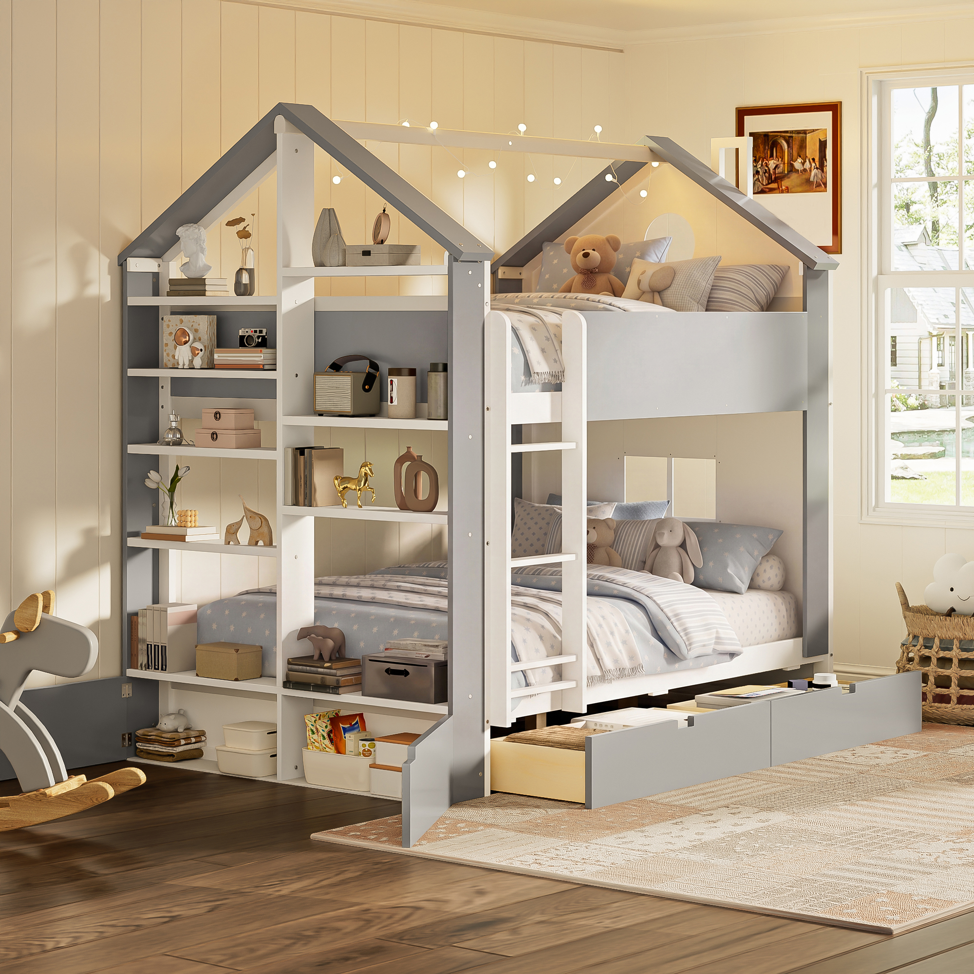 Full Size Bunk Bed with Storage Drawers, Shelves and Light Strip