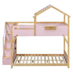 Full over Full House Bunk Bed with Stairs and 3-Color LED Lights