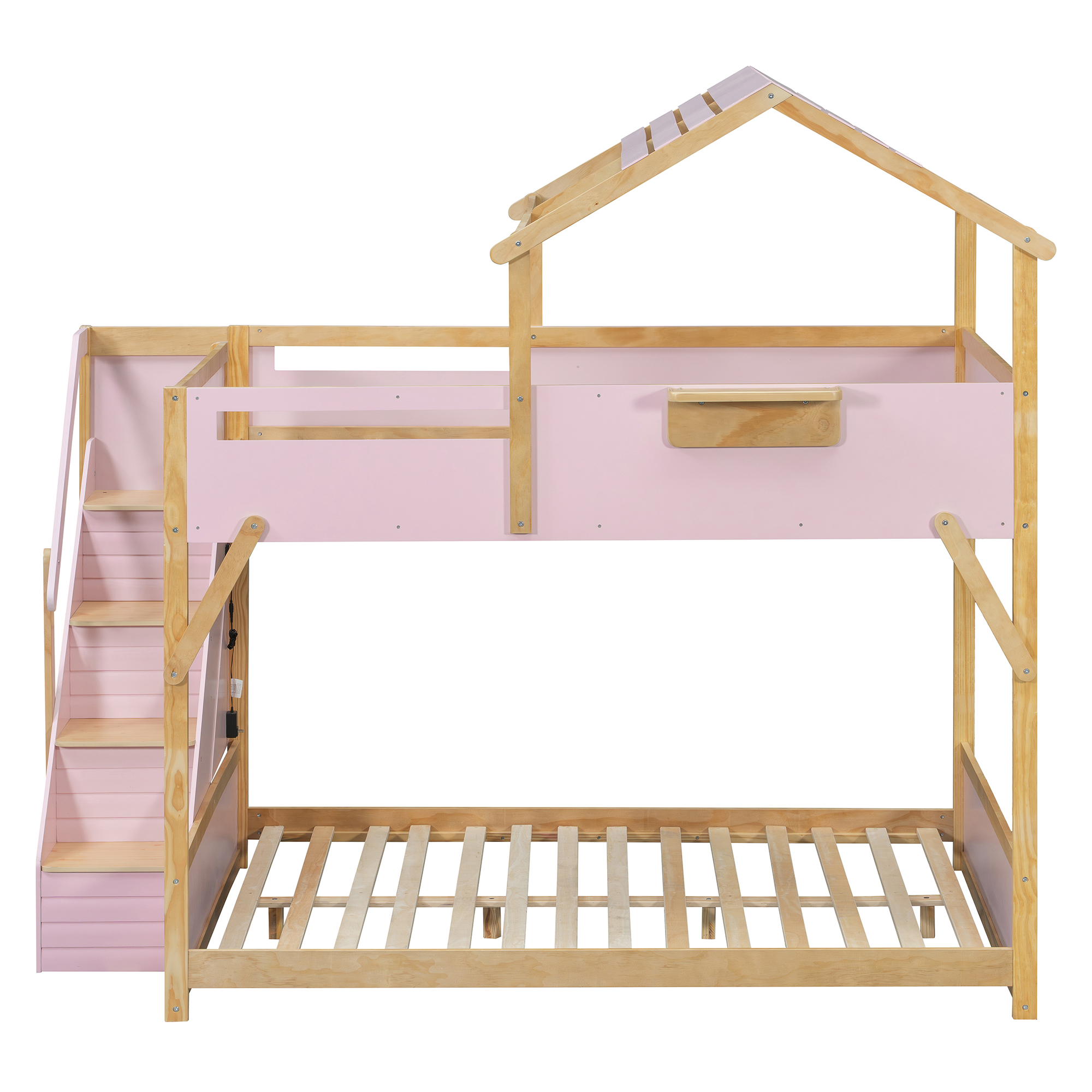 Full over Full House Bunk Bed with Stairs and 3-Color LED Lights