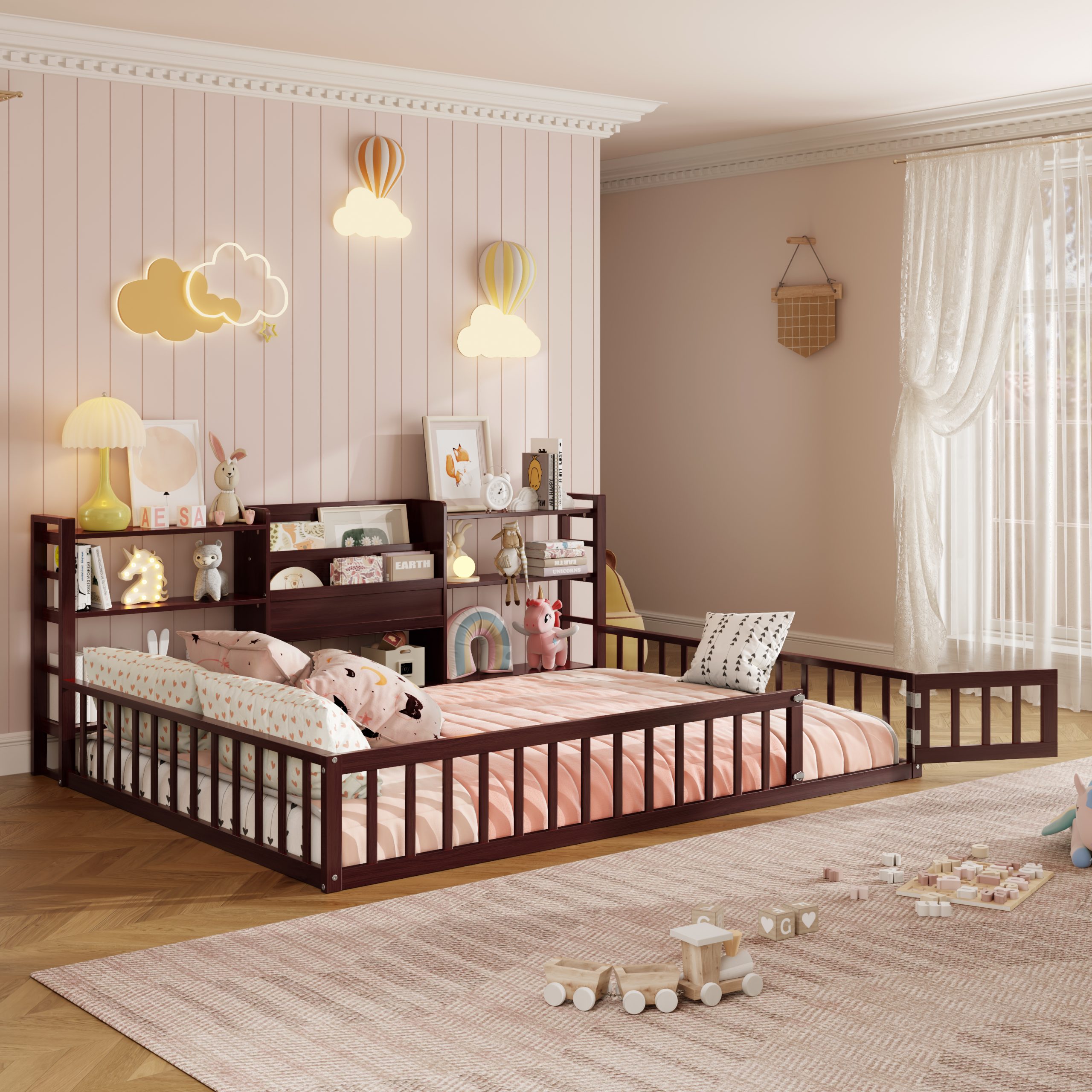 Full Size Floor Fence Bed Frame with Bookcase and 3-Tier Storage Shelves