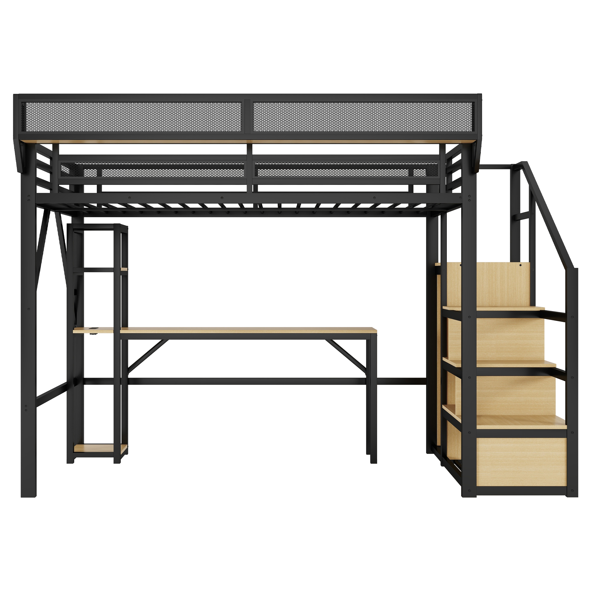 Metal Loft Bed with Stairs, Wardrobe, Charging Station, and LED Lighting