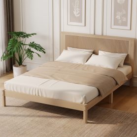 Queen Size Solid Rubber Wood Bed with Wave-Styled Headboard