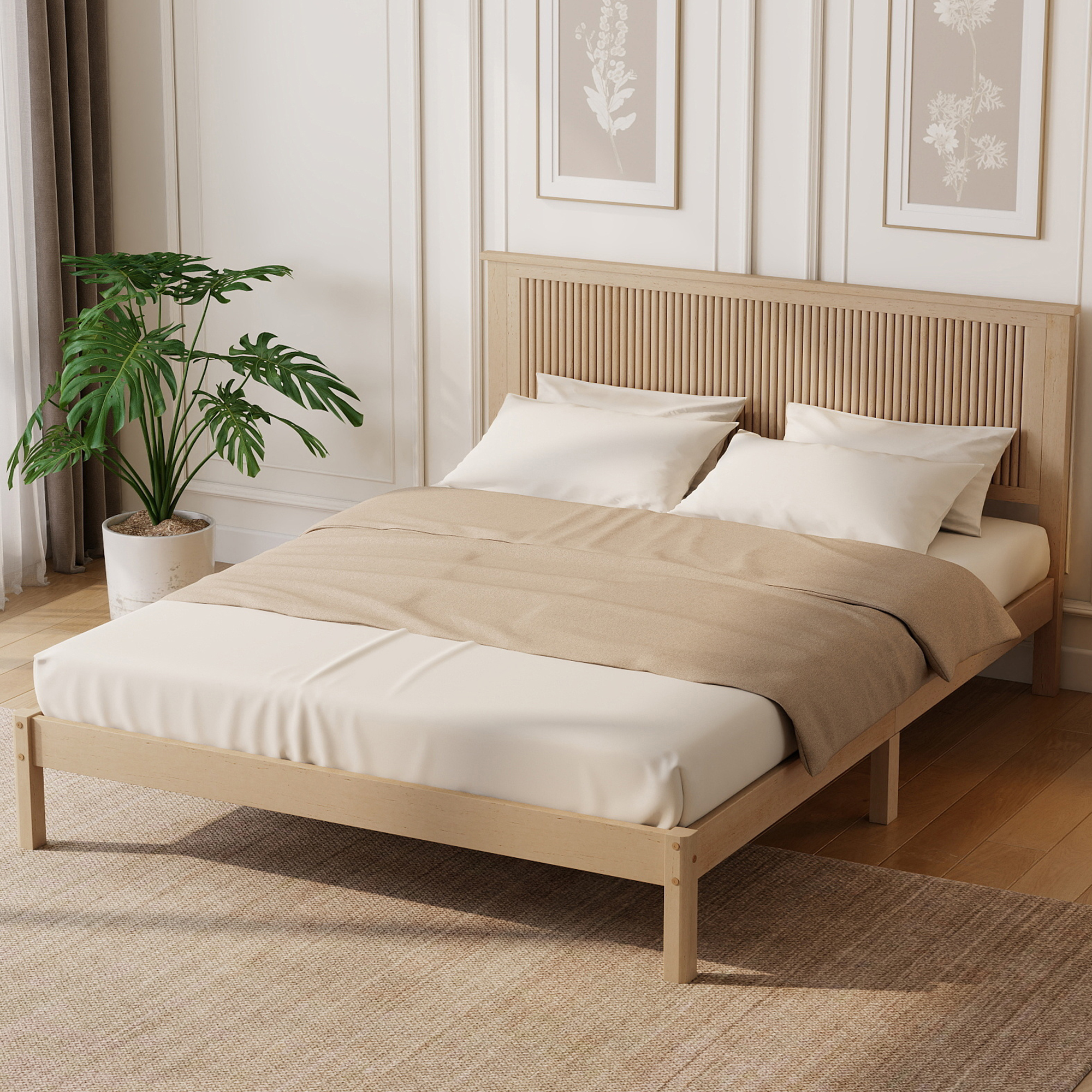 Queen Size Solid Rubber Wood Bed with Wave-Styled Headboard