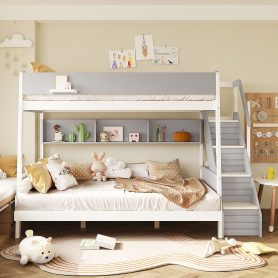 Full XL over Queen Bunk Bed with Striped-Design Staircase and Side Shelves