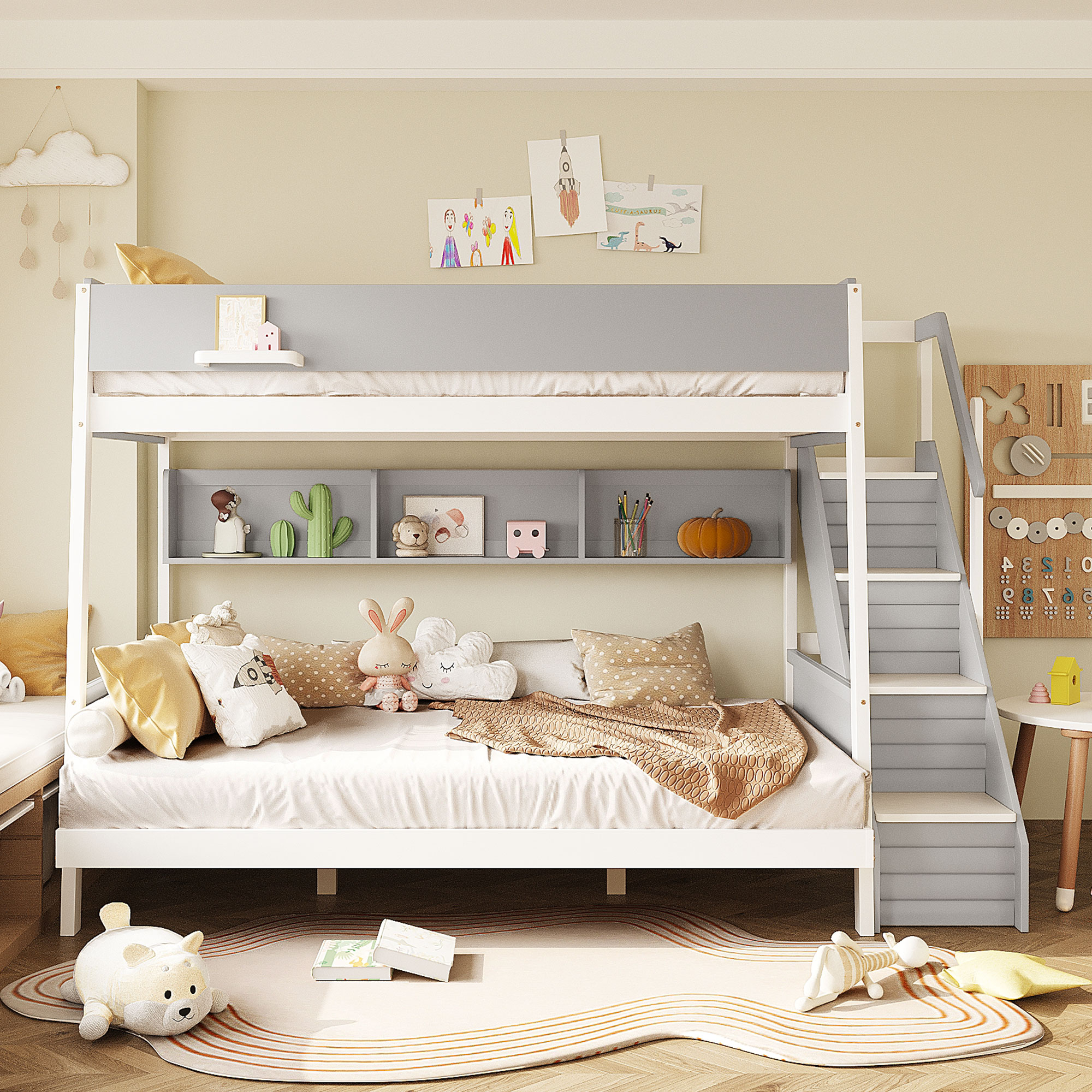 Full XL over Queen Bunk Bed with Striped-Design Staircase and Side Shelves