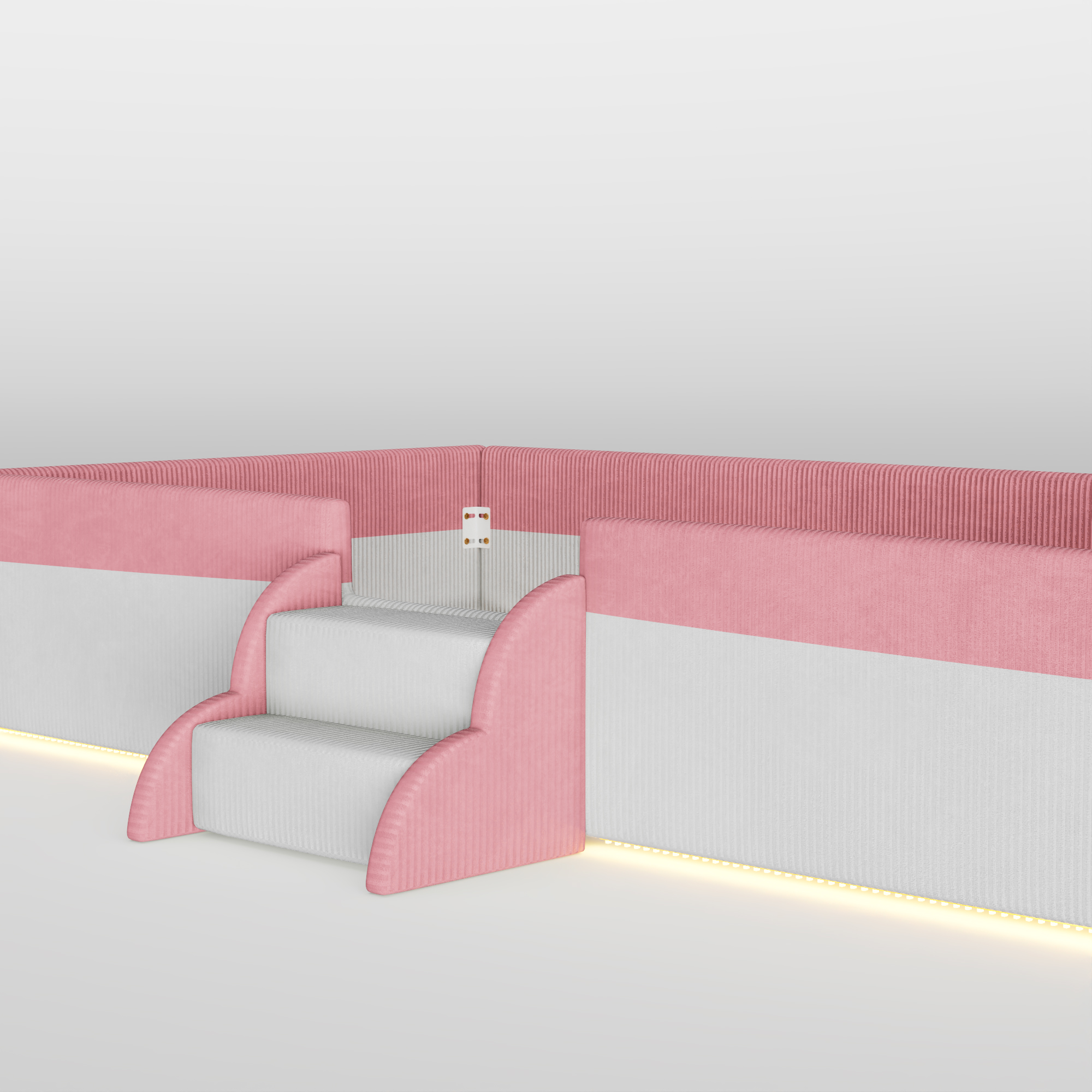 King Size Upholstered Floor Bed with Fence, 2-Tier Steps and Smart LED Lights