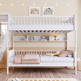 Twin Size Wooden Bunk Bed with 3 Storage Shelves, Ladder can be Changed Left or Right