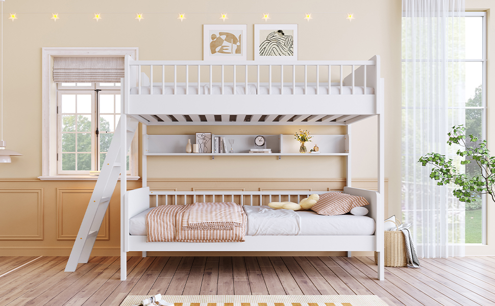 Twin Size Wooden Bunk Bed with 3 Storage Shelves, Ladder can be Changed Left or Right
