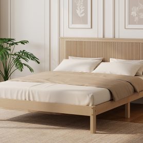 Queen Size Solid Rubber Wood Bed with Wave-Styled Headboard